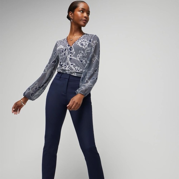 White House Black Market Matte Jersey Woven Sleeve Blouse in Officer Blue - Picture 2 of 7